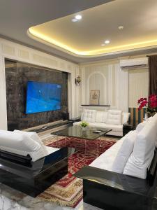 にあるSwiss-Belexpress Paluの白い家具と薄型テレビのあるリビングルーム