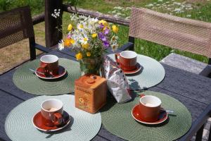 阿尔佩德维洛Casa Cantone Devero-baita storica con balcone e giardino, posizione comoda e soleggiata- spazio biciclette的桌子,桌子上放有盘子和杯子,花瓶