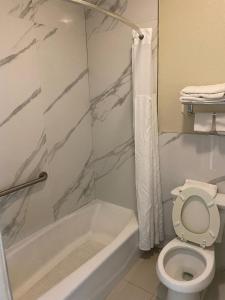 a bathroom with a toilet and a tub and a sink at Crystal Inn - NASA Webster in Webster