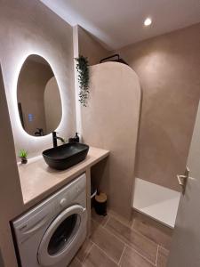ein Badezimmer mit Waschbecken und Waschmaschine in der Unterkunft Le Nid du Vallon -studio- Plage & Piscine in Sanary-sur-Mer + 7 Fotos