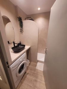 ein Badezimmer mit Waschbecken und Waschmaschine in der Unterkunft Le Nid du Vallon -studio- Plage & Piscine in Sanary-sur-Mer