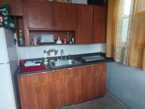 a kitchen with wooden cabinets and a sink at Grove 3- King Bed with Private Bathroom in Irvington +8 photos