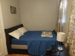 a small bedroom with a blue bed and a lamp at Grove 3- King Bed with Private Bathroom in Irvington