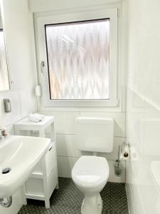 a bathroom with a toilet and a sink and a window at Traumhaftes Apartment mit Dachterrasse und Schlossblick in Marburg an der Lahn +12 photos