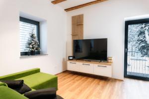 a living room with a green couch and a flat screen tv at Apartmaji Vouk - sodobni apartmaji v objemu narave - Lukanja - Rogla - Primerno za pare in družine - Sprostitev in aktivno preživljanje prostega časa in Oplotnica
