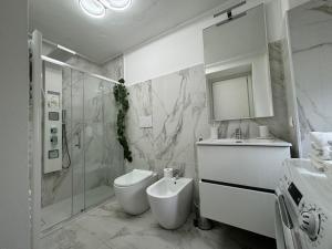 moderna ed elegante Residenza nel centro di Pavia في بافيا: حمام مع مرحاض ومغسلة ودش