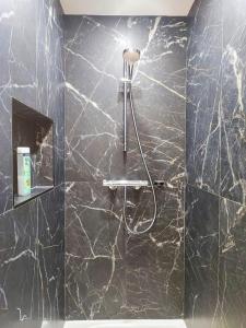 a bathroom with a shower with a black marble wall at Face à la mer - Grande terrasse in Macinaggio +18 photos