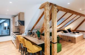 OplotnicaにあるApartmaji Vouk - sodobni apartmaji v objemu narave - Lukanja - Rogla - Primerno za pare in družine - Sprostitev in aktivno preživljanje prostega časaのキッチン、リビングルーム(ダイニングテーブル、ベッド付)