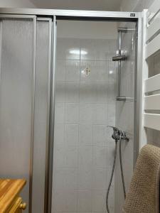 a shower with a glass door in a bathroom at Samoëns à Pied – Appt 4 pers in Samoëns +11 photos