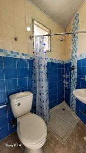 un bagno piastrellato blu con un water e un lavandino di Villa Paraiso de Montana en Altos del Maria a Sorá Altre 34 foto