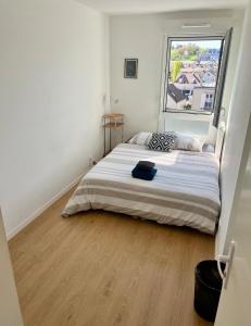 ein Schlafzimmer mit einem großen Bett und einem Fenster in der Unterkunft Paris panorama in Villemomble