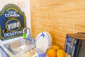 图斯潘罗德里格斯卡诺Hospedaje Aldana - Habitación ACUA zona centro的厨房柜台配有水槽和一些橙子