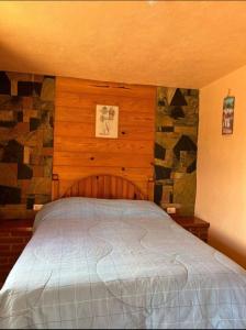 a bedroom with a bed with a stone wall at HOTEl CHAIS in Colorines