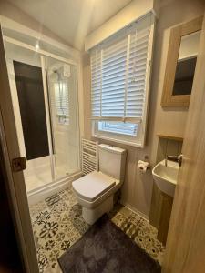 Trossachs Lodge في Gartmore: حمام مع مرحاض ومغسلة