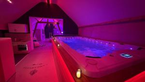 CrisnéeL'Améthyste的客房设有带紫色照明的热水浴池。