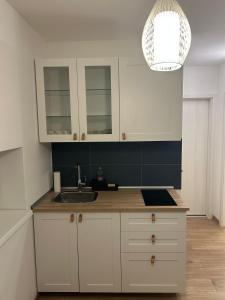 a kitchen with white cabinets and a sink and a light at Fresh Garden Casa Mimo in Siófok