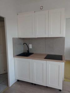 格但斯克Apartament Scorpio的带白色橱柜和水槽的厨房