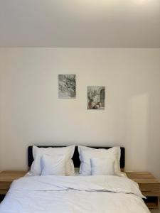 克拉约瓦Luna Music Apartment的一张铺有白色床单的床和两张墙上的照片