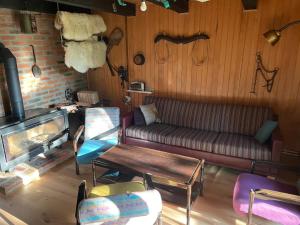 a living room with a couch and chairs and a fireplace at Romantic Forest House Tršće in Tršće