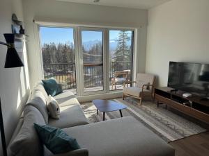 a living room with a couch and a flat screen tv at Oso Skyview Suite - DT modern 2 bed, 2 bath in Golden