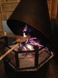 a fire in a grill with sticks in it at Floresta das Evas in Petrópolis +33 photos