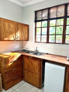 a kitchen with wooden cabinets and a sink at De Valk & Tak Manor in Bloemfontein