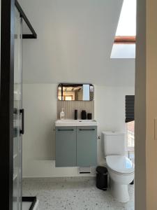 ein Badezimmer mit Toilette und Spiegel in der Unterkunft Le Nid Bellifontain - Appartement Confort - Centre in Fontainebleau