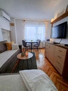 萨拉热窝Sarajevo Cozy Attic - Free Parking的客厅里有一张沙发和一张桌子。