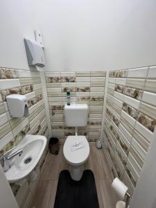 a bathroom with a toilet and a sink at MaBy Wellness Apartment in Hegyeshalom