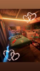 a bedroom with a bed with lights on it at Le doux refuge in Le Mont-Dore