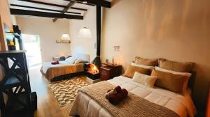 een slaapkamer met 2 bedden en een open haard bij Pousada Villa Bergamin, Monte Verde in Monte Verde +37 foto's