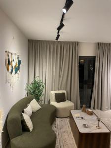 sala de estar con sofá verde y silla en Luxury Apt Family moon Towers, en El Cairo