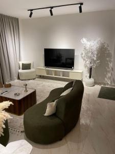 Una sala de estar con un sofá y un televisor de pantalla plana. en Luxury Apt Family moon Towers, en El Cairo