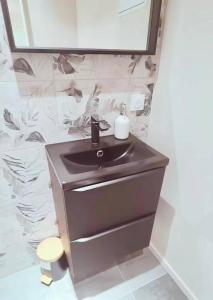 ein Badezimmer mit einem schwarzen Waschbecken und einem Spiegel in der Unterkunft Instant Emeraude Apartment in Saint-Brieuc