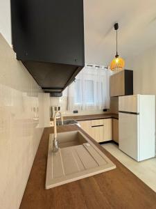 a kitchen with a sink and a white refrigerator at Villa & Apartament Armonia 3 Gaja Flora Gavalochori - Vamos KRETA in Vamos