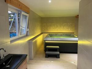 LohrGîte La mésange bleue的带浴缸和盥洗盆的小浴室