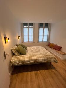 杜埃La Location des géants - Appartement avec terrasse的带一张床和两扇窗户的卧室