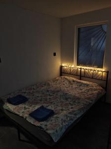 a bed in a bedroom with a window with lights at Studio Dimon in Pleven