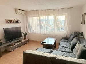 a living room with a couch and a flat screen tv at Cozy two room maisonette apartment in Samokov +10 photos