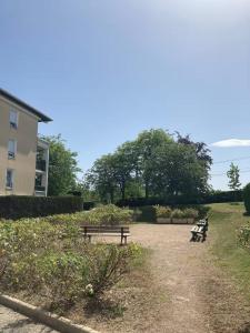 Perollier - CI - Lyon 2 - Bedroom apartment with balcony and pool في إيكولي: كرسيان في حديقة بجوار مبنى