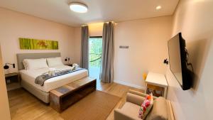 a bedroom with a bed and a tv and a couch at Pousada Girassol in Bonito