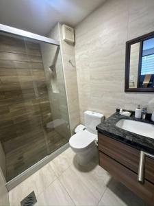 Familiar y equipado a pasos del Cine Center في كوتشابامبا: حمام مع مرحاض ودش ومغسلة