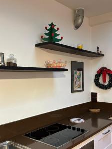 a kitchen with a stove and a christmas tree on the wall at 1000sogni in Limone Piemonte