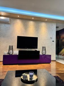 Una sala de estar con un sofá morado y un televisor de pantalla plana. en Sajam Nest Apartment, en Novi Sad 14 fotos más
