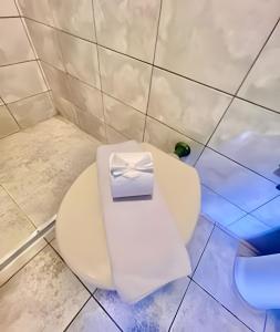 a bathroom with a toilet with a box on it at #PéNaAreia em Matinhos Beach in Matinhos +8 photos