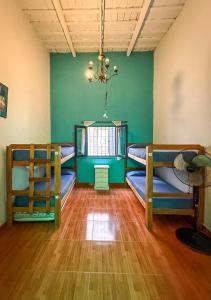 two bunk beds in a room with a green wall at Hostel La Fortaleza in Bialet Massé