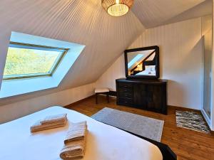 圣提里耶拉佩尔什L'Horizon - Domaine du Vertendre的一间带床、镜子和窗户的卧室