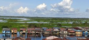 a group of houses on a body of water at Hostal Maravilla Amazónica in Iquitos