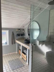 a bathroom with a shower with a glass door at Holiday Oasis With Terrace And Sloping Garden in Tikøb