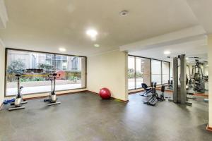 a gym with cardio equipment and a large window at Moderno Apartamento a pasos del Metro y Museo Bellas Artes, Cerro Santa Lucia, Barrio Lastarria in Santiago